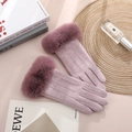 Women's lotus pink winter gloves with thick faux fur trim and touch screen feature - Woolen Triple Line Fur Cuff / Purple