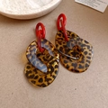 Statement acrylic geometric earrings featuring leopard print and red link details - Coffee Leopard (Steel Pin)