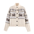 Women's vintage knit cardigan with festive reindeer pattern and high collar - S / Milky White