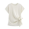 Dettaglio del top bianco a maglia con maniche corte, fiocco laterale e scollo rotondo - S / Top Bianco Crema