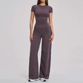 Women's mauve athletic set with slim-fit short sleeve T-shirt and high waist wide-leg pants - S / Eggplant Purple