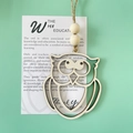 Laser-cut wooden owl pendant with rustic twine and beads on a mint green background - Owl with Card