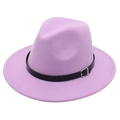 Detailed close-up of lavender wool fedora hat showing felt texture and leather belt buckle - M (56-58cm) / Light Purple (Black Leather Band)