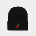 Close-up of strawberry embroidery on black knit beanie with premium textured finish - Strawberry / Black