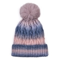 Detail of cable-knit texture and soft pom-pom on gradient color winter beanie hat - Blue Pink Gradient