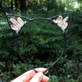 Handmade cat ear headband with pink and green gradient crystals on black wire frame - No.43 Gradient