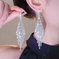 Elegant long tassel drop earrings in silver finish with shimmering crystal fringe - Silver Waterfall Full Diamond Tassel (247)