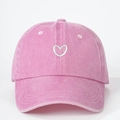 Pink washed cotton baseball cap with white heart embroidery and curved brim in retro style - One Size / Pink