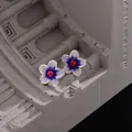 French style floral stud earrings with blue gradient enamel and a red center bead - Flower Stud Earrings / Gradient Blue White Flower Style (EH0194)