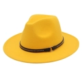 Detail of yellow fedora hat with black leather rivet band and silver metal ring accessory - M (56-58cm) / Yellow