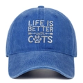 Detail of LIFE IS BETTER with CATS embroidery on washed blue cotton baseball cap - Dark Blue
