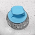 Blue handle cleaning brush with round metal wire head for kitchen dish scrubbing - Short Handle Blue