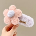 Pince à cheveux fleur rose en peluche avec pompon gris et base lilas pour l'automne - Pince à Cheveux Fleur en Peluche Abricot (2#) / 12cm