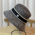 Elegant black and white woven straw bucket hat with pearl trim and M letter metal logo - 54-60cm Adjustable / Black