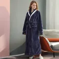 Thick navy blue pineapple fleece bathrobe with white lapel and waist tie for winter - Navy Blue (Women's)