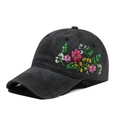 Vintage washed black baseball cap with vibrant floral embroidery and a curved brim - One Size / Black (Flower Style 1)