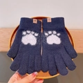 Navy blue knitted gloves with white cat paw pattern and touchscreen fingertips - Cat Paw / Navy Blue