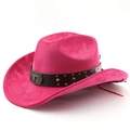Detail eines rosafarbenen Wildleder-Cowboyhuts mit Lederband und Stierkopf-Verzierung - M (56-58cm) / Fuchsia