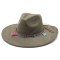 Close-up detail of suede fedora with wide brim featuring colorful tassels and metal rivets - M (56-59cm) / Army Green