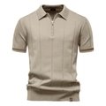 Polo da uomo in maglia kaki con colletto a zip e righe verticali strutturate - S / Stile con collo a zip / Albicocca