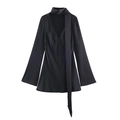 Elegant black satin long sleeve dress with V-neck and decorative long neck tie - XS / Black
