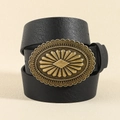Retro black leather belt with a carved vintage bronze alloy buckle for women jeans - Style 19693 / Small (101cm) / Bronze Black