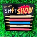5-piece funny nurse theme pen set in beige, pink and blue on a Welcome to Shitshow card - Shitshow Theme