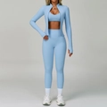 Set yoga celeste 3 pezzi con giacca a zip reggiseno sportivo e leggings a vita alta - S / Set 3 Pezzi / Celeste