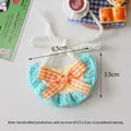 Handmade light blue knitted pet collar with yellow frills and an orange plaid bow tie - Teal Ruffle