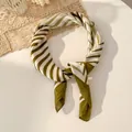 Elegant olive green and cream striped silk scarf with a soft satin finish for women - Light Green
