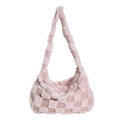 Pink plush checkerboard pattern shoulder bag with matching fuzzy strap for women - Checkerboard Tote Bag / Pink
