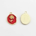 Detailed front and back view of red enamel rose charms with gold plated borders - Red