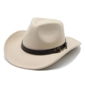 Classic beige wool felt cowboy hat with wide brim and brown leather decorative belt - Beige