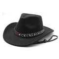 Chapeau de cow-boy classique en feutre de laine noir avec bande de cuir perlé et cordon - M (56-58cm) / Noir