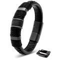 Men's black braided leather bracelet featuring a sleek black magnetic clasp and metal rings - Single Loop Dotted Rivet / Black