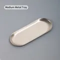 Medium oval stainless steel metal tray with brushed texture and minimalist silver finish - Small / Silver