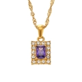 18K gold-plated necklace with a rectangle purple zircon and white crystal halo - Square Pendant Water Wave Chain / Purple