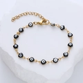 Gold stainless steel evil eye bracelet with black enamel heart charms and adjustable chain - Black