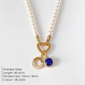 Elegant pearl necklace with 14K gold plated heart clasp and blue gem pendant for women - Letter O