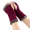 Detail of burgundy cable knit gloves with grey plush fur trim on the wrist and fingers - One Size / Wine Red 20#