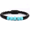 Detail of 8mm tiger eye stone beads on a black braided leather bracelet with magnetic clasp - Blue Turquoise