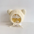 Handmade knitted baby hat with bear ears in cream white with secure chin straps - Milk White Small Ears - Not Lined