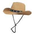 Western style wide brim straw sun hat with turquoise bead band and chin strap - M (56-58cm) / Khaki