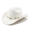 Close-up of white suede cowboy hat with turquoise and starfish beaded hatband - Cream
