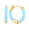 Close-up of golden hoop earrings with sky blue enamel details on white background - Blue
