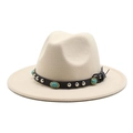 Close-up of beige felt fedora featuring a brown leather band with turquoise and silver studs - M (56-58cm) / Beige