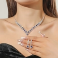 Elegant silver bridal jewelry set with V-shaped blue crystal necklace and teardrop earrings - Blue Gemstone Silver 2-Piece Set(DTN14027052BU)
