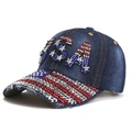 Distressed denim baseball cap with rhinestone USA logo and American flag pattern - Adult / Dark Blue