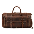 Front view of a dark brown leather travel bag featuring vintage buckles and zippers - 9802 / Dark Brown Pattern