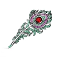Elegant 925 silver feather brooch with multicolored gemstones and a large red center stone - Colorful